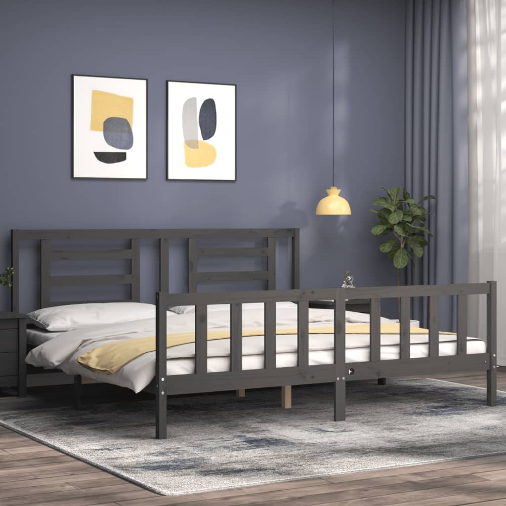 Bedframe met hoofdbord massief hout grijs 200x200 cm is nu te koop bij PeponiXL, paradijselijk wonen!