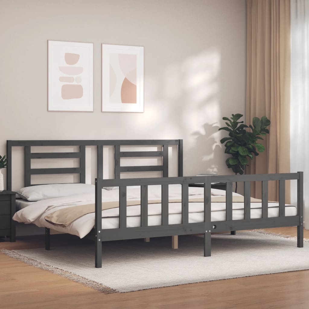 Bedframe met hoofdbord massief hout grijs 200x200 cm is nu te koop bij PeponiXL, paradijselijk wonen!