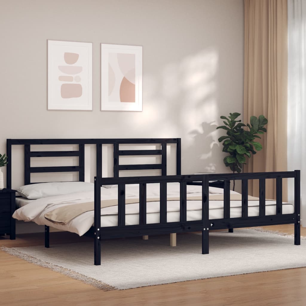 Bedframe met hoofdbord massief hout zwart 200x200 cm is nu te koop bij PeponiXL, paradijselijk wonen!