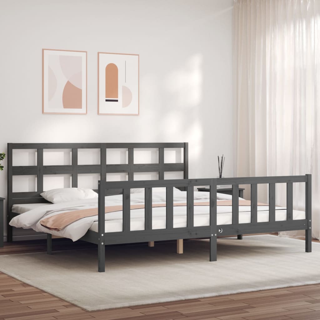 Bedframe met hoofdbord massief hout grijs 200x200 cm is nu te koop bij PeponiXL, paradijselijk wonen!