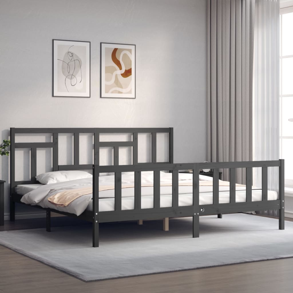 Bedframe met hoofdbord massief hout grijs 200x200 cm is nu te koop bij PeponiXL, paradijselijk wonen!