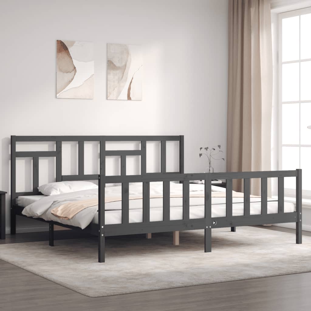 Bedframe met hoofdbord massief hout grijs 200x200 cm is nu te koop bij PeponiXL, paradijselijk wonen!