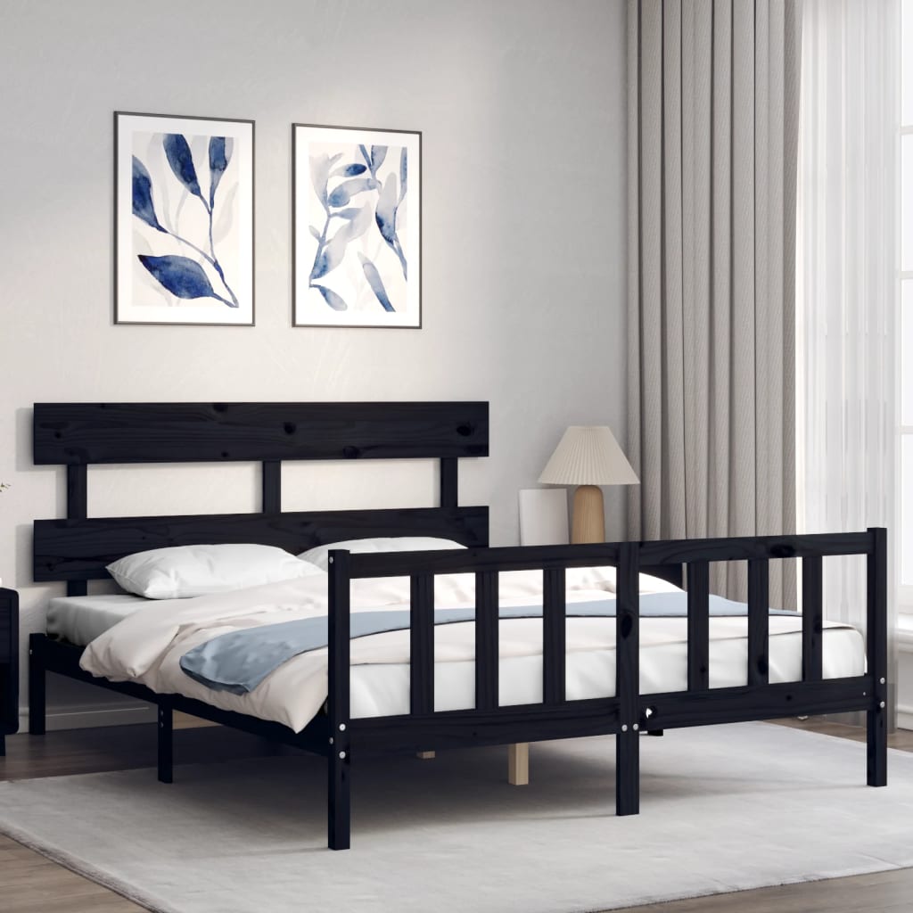 Bedframe met hoofdbord massief hout zwart