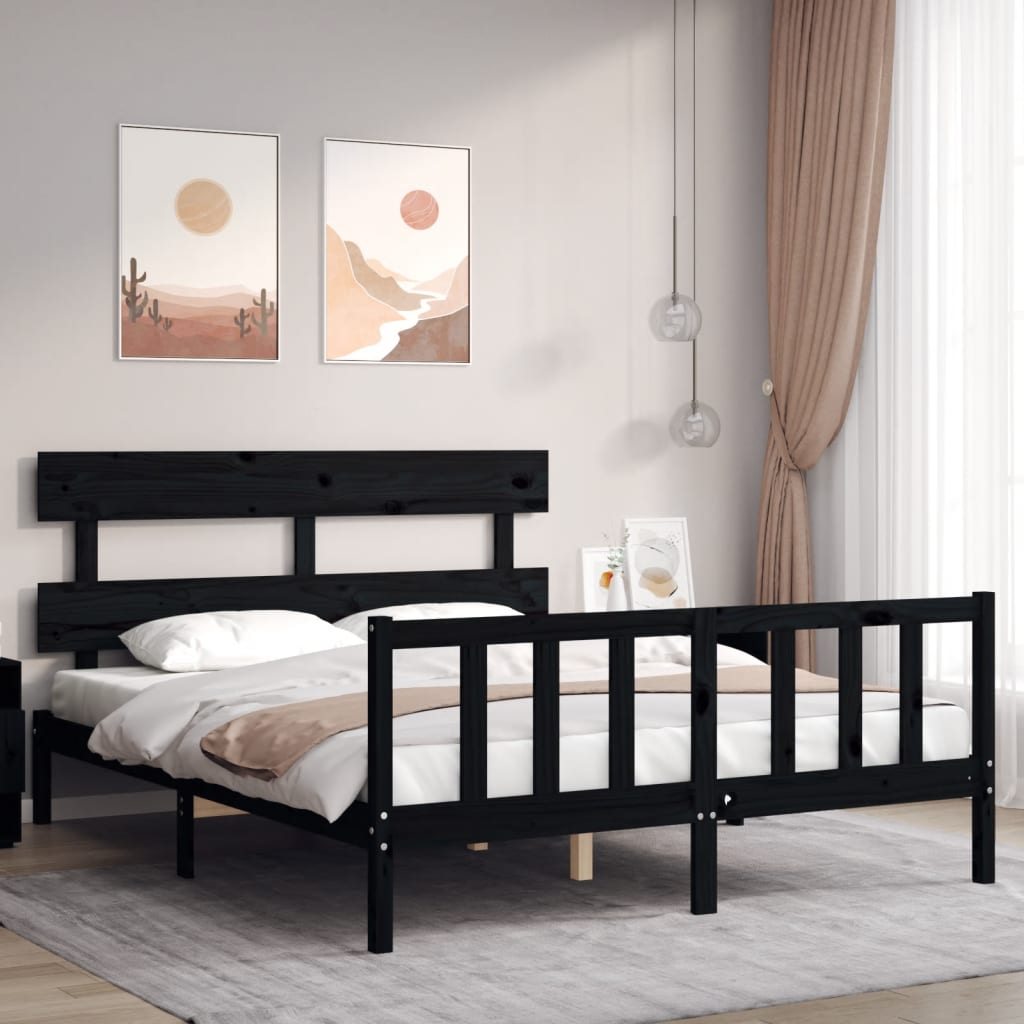 Bedframe met hoofdbord massief hout zwart