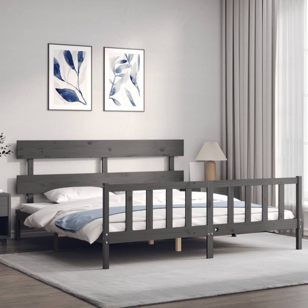 Bedframe met hoofdbord massief hout grijs 200x200 cm is nu te koop bij PeponiXL, paradijselijk wonen!