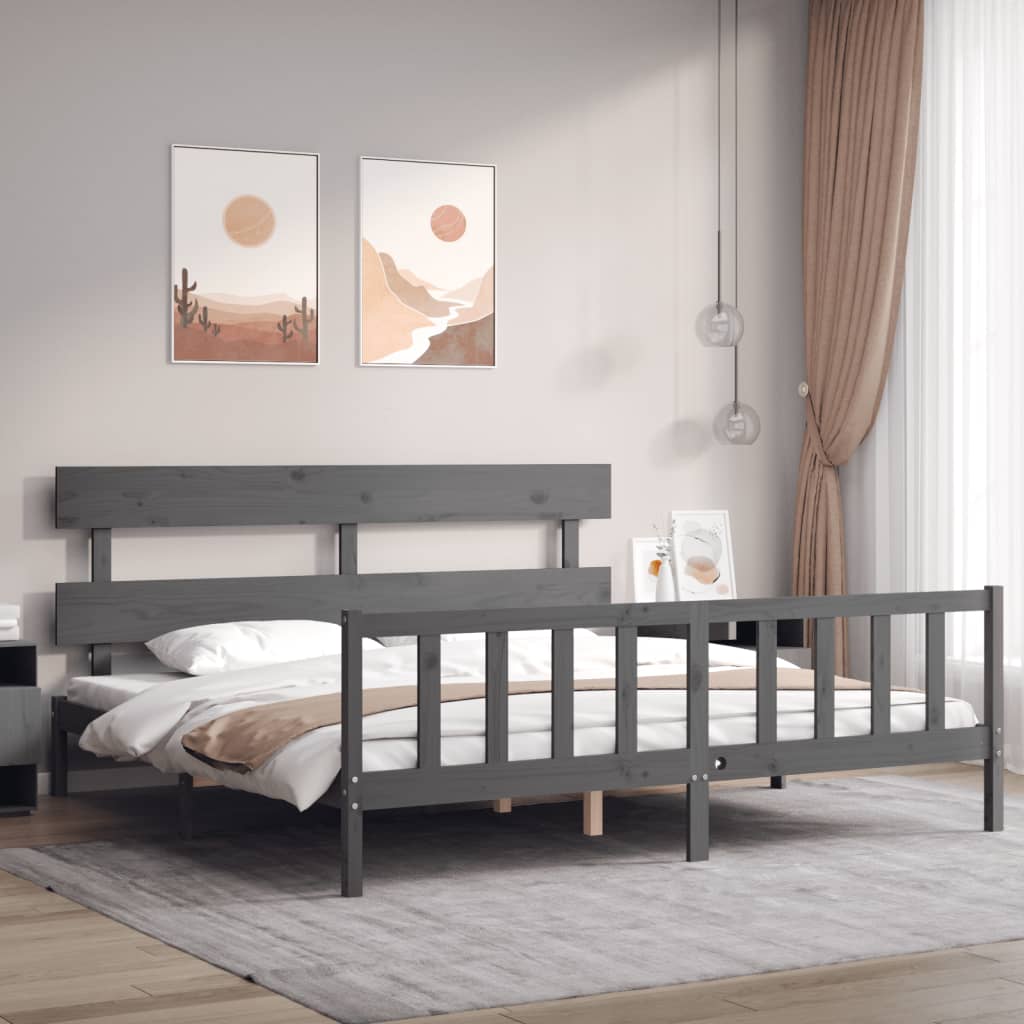 Bedframe met hoofdbord massief hout grijs 200x200 cm is nu te koop bij PeponiXL, paradijselijk wonen!