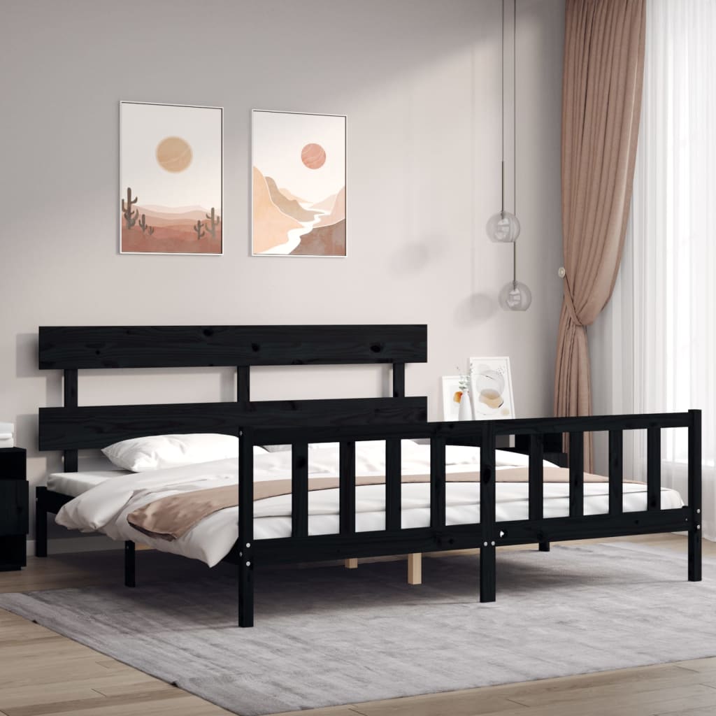 Bedframe met hoofdbord massief hout zwart 200x200 cm is nu te koop bij PeponiXL, paradijselijk wonen!