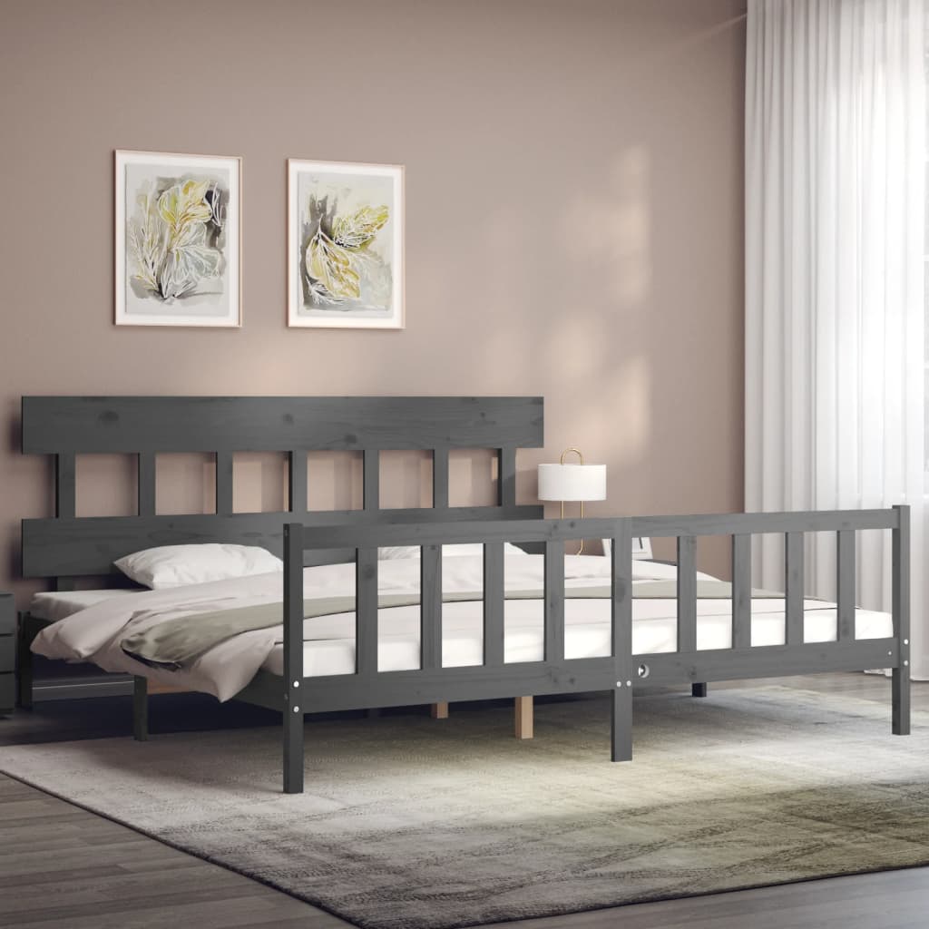 Bedframe met hoofdbord massief hout grijs 200x200 cm is nu te koop bij PeponiXL, paradijselijk wonen!