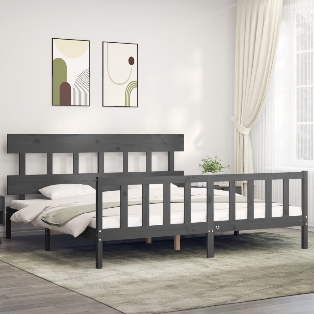 Bedframe met hoofdbord massief hout grijs 200x200 cm is nu te koop bij PeponiXL, paradijselijk wonen!