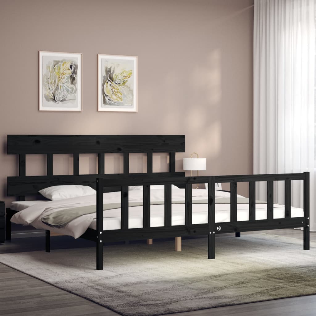 Bedframe met hoofdbord massief hout zwart 200x200 cm is nu te koop bij PeponiXL, paradijselijk wonen!