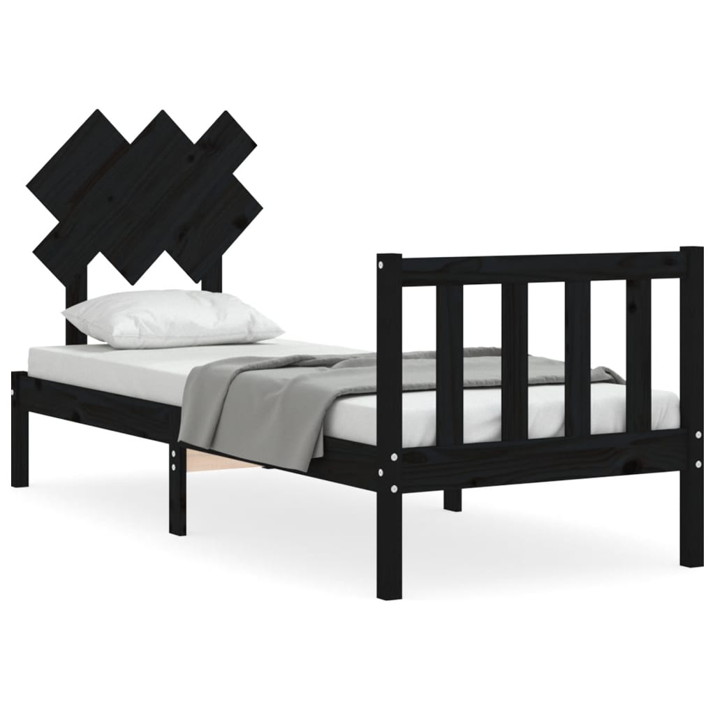 Bedframe met hoofdbord massief hout zwart is nu te koop bij PeponiXL, paradijselijk wonen!