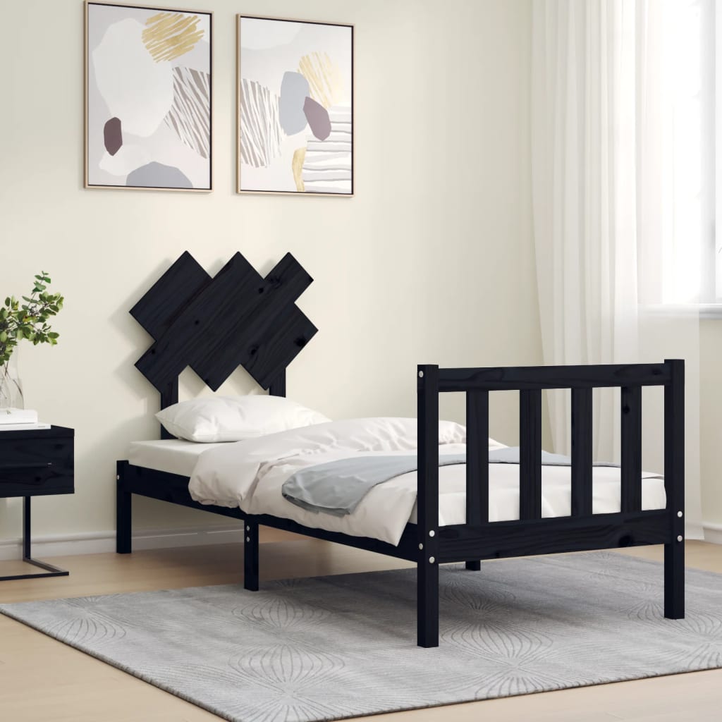 Bedframe met hoofdbord massief hout zwart is nu te koop bij PeponiXL, paradijselijk wonen!