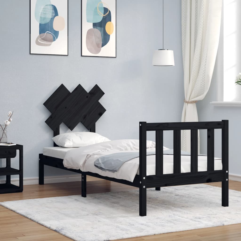 Bedframe met hoofdbord massief hout zwart is nu te koop bij PeponiXL, paradijselijk wonen!