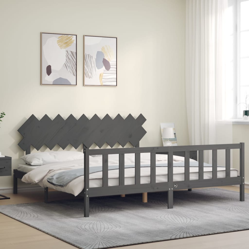Bedframe met hoofdbord massief hout grijs 200x200 cm is nu te koop bij PeponiXL, paradijselijk wonen!