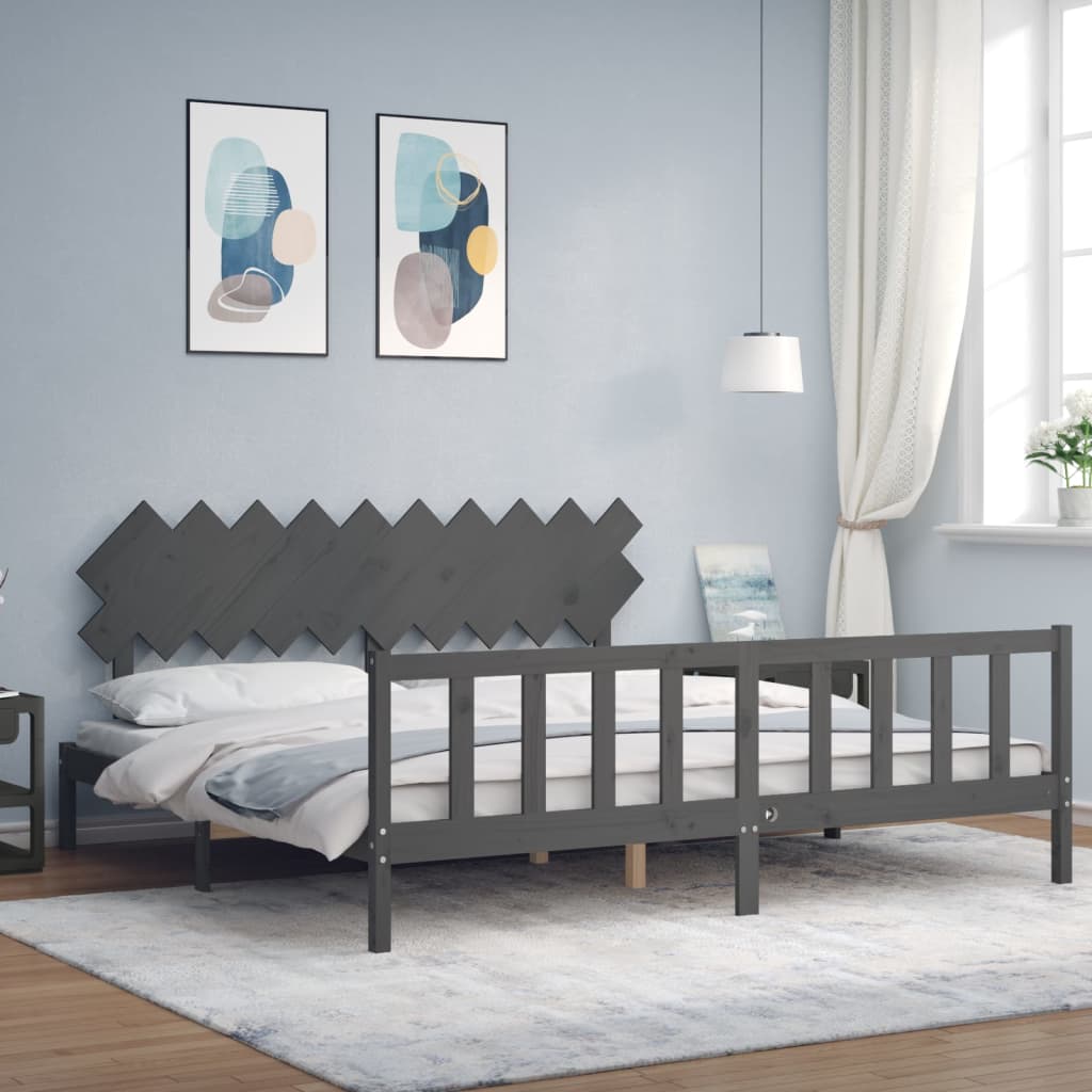 Bedframe met hoofdbord massief hout grijs 200x200 cm is nu te koop bij PeponiXL, paradijselijk wonen!