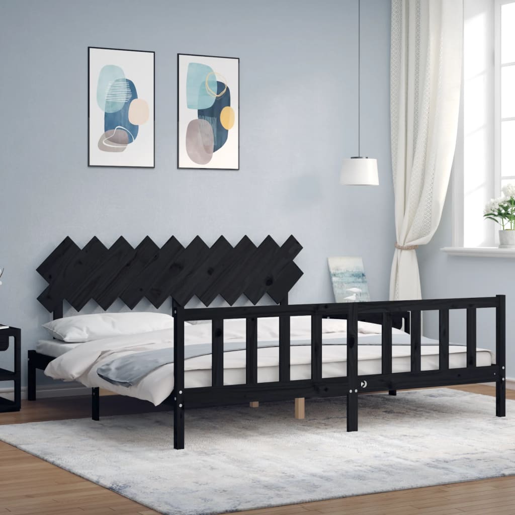 Bedframe met hoofdbord massief hout zwart 200x200 cm is nu te koop bij PeponiXL, paradijselijk wonen!