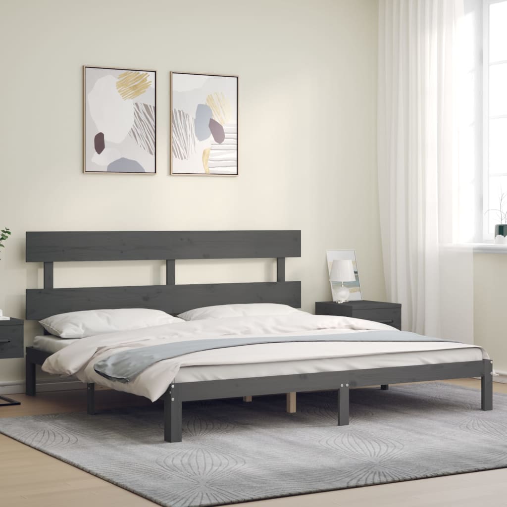 Bedframe met hoofdbord massief hout grijs 200x200 cm is nu te koop bij PeponiXL, paradijselijk wonen!