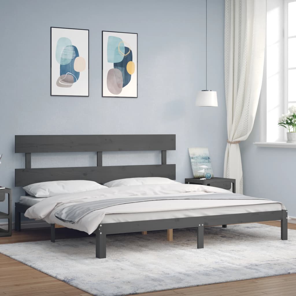 Bedframe met hoofdbord massief hout grijs 200x200 cm is nu te koop bij PeponiXL, paradijselijk wonen!