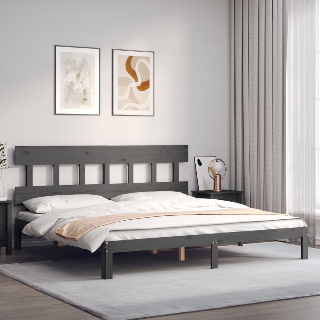 Bedframe met hoofdbord massief hout grijs 200x200 cm is nu te koop bij PeponiXL, paradijselijk wonen!