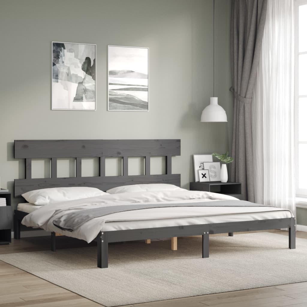 Bedframe met hoofdbord massief hout grijs 200x200 cm is nu te koop bij PeponiXL, paradijselijk wonen!