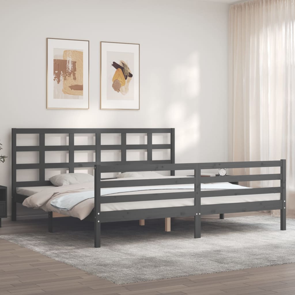 Bedframe met hoofdbord massief hout grijs 200x200 cm is nu te koop bij PeponiXL, paradijselijk wonen!