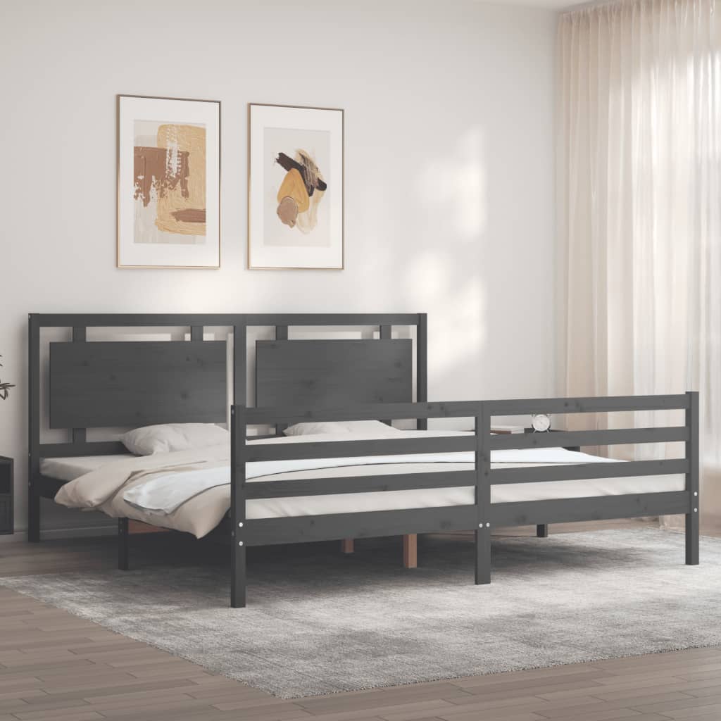 Bedframe met hoofdbord massief hout grijs 200x200 cm is nu te koop bij PeponiXL, paradijselijk wonen!