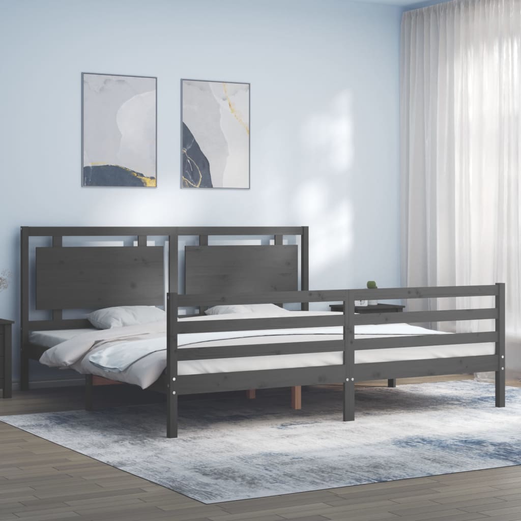 Bedframe met hoofdbord massief hout grijs 200x200 cm is nu te koop bij PeponiXL, paradijselijk wonen!