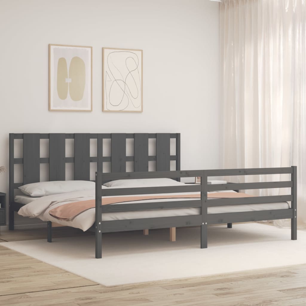 Bedframe met hoofdbord massief hout grijs 200x200 cm is nu te koop bij PeponiXL, paradijselijk wonen!