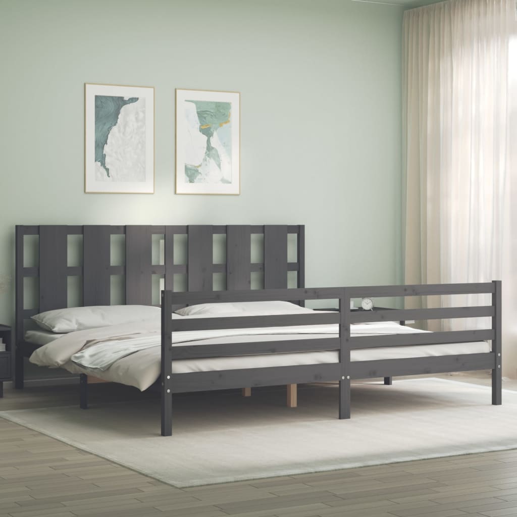 Bedframe met hoofdbord massief hout grijs 200x200 cm is nu te koop bij PeponiXL, paradijselijk wonen!