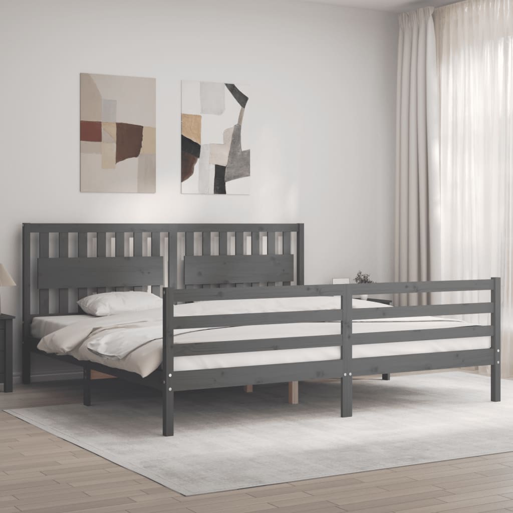 Bedframe met hoofdbord massief hout grijs 200x200 cm is nu te koop bij PeponiXL, paradijselijk wonen!