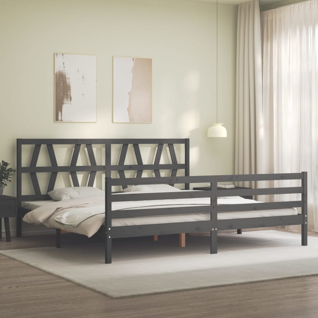 Bedframe met hoofdbord massief hout grijs 200x200 cm is nu te koop bij PeponiXL, paradijselijk wonen!