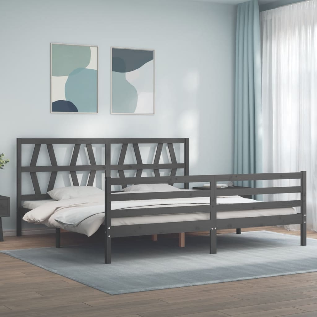 Bedframe met hoofdbord massief hout grijs 200x200 cm is nu te koop bij PeponiXL, paradijselijk wonen!