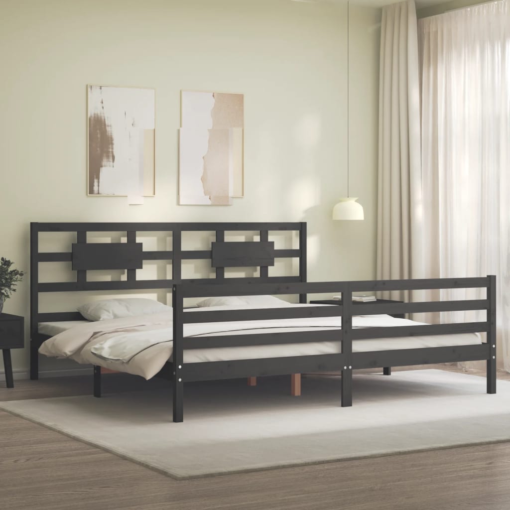 Bedframe met hoofdbord massief hout grijs 200x200 cm is nu te koop bij PeponiXL, paradijselijk wonen!