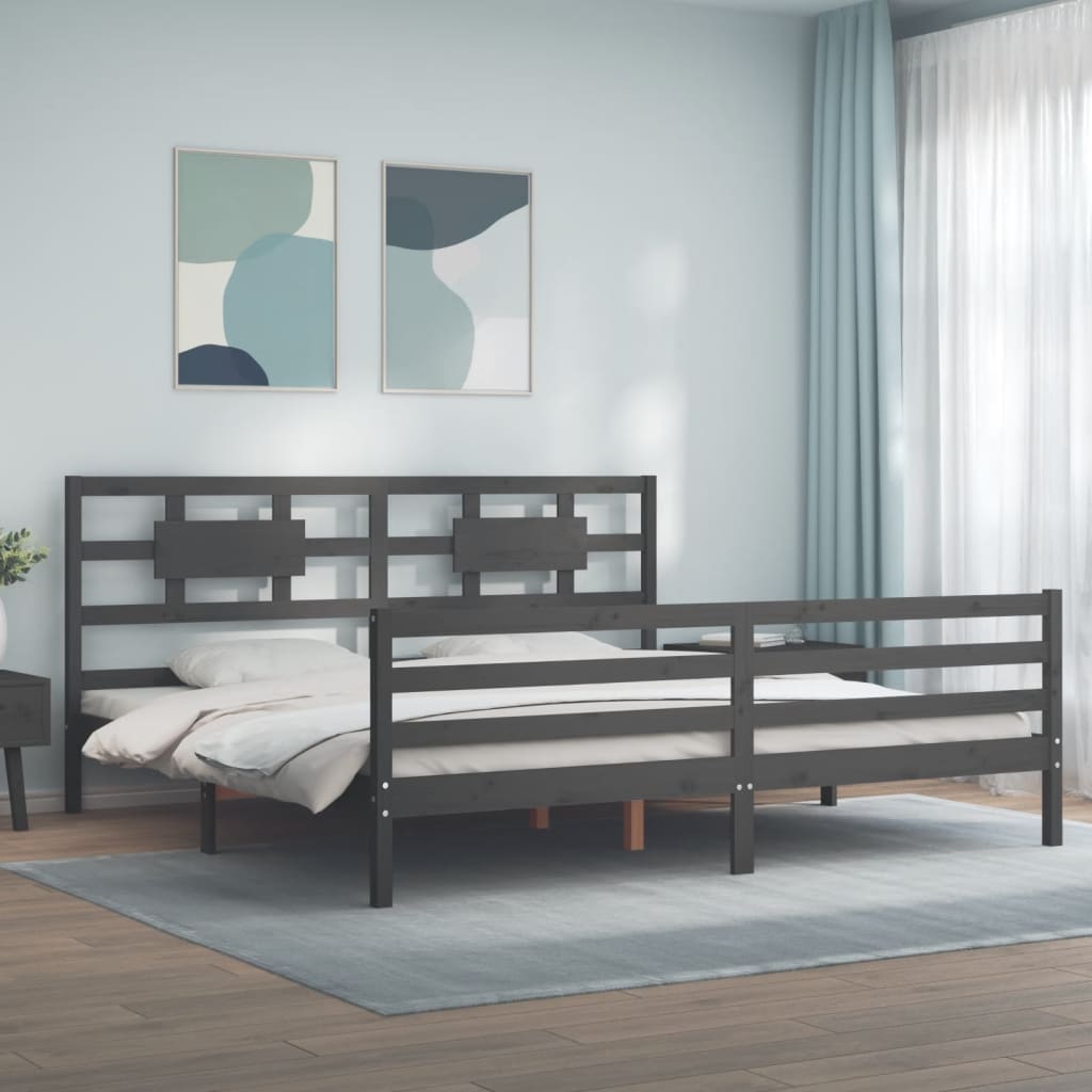 Bedframe met hoofdbord massief hout grijs 200x200 cm is nu te koop bij PeponiXL, paradijselijk wonen!