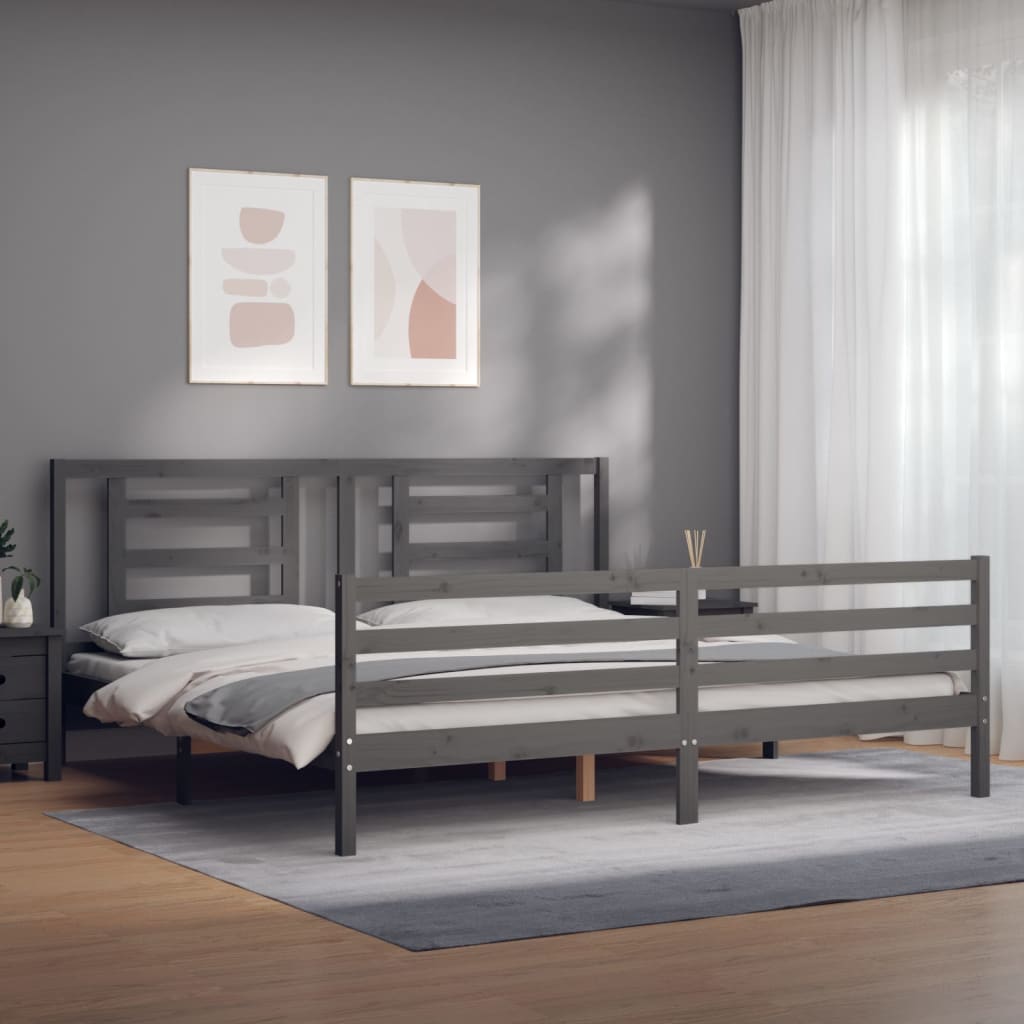 Bedframe met hoofdbord massief hout grijs 200x200 cm is nu te koop bij PeponiXL, paradijselijk wonen!