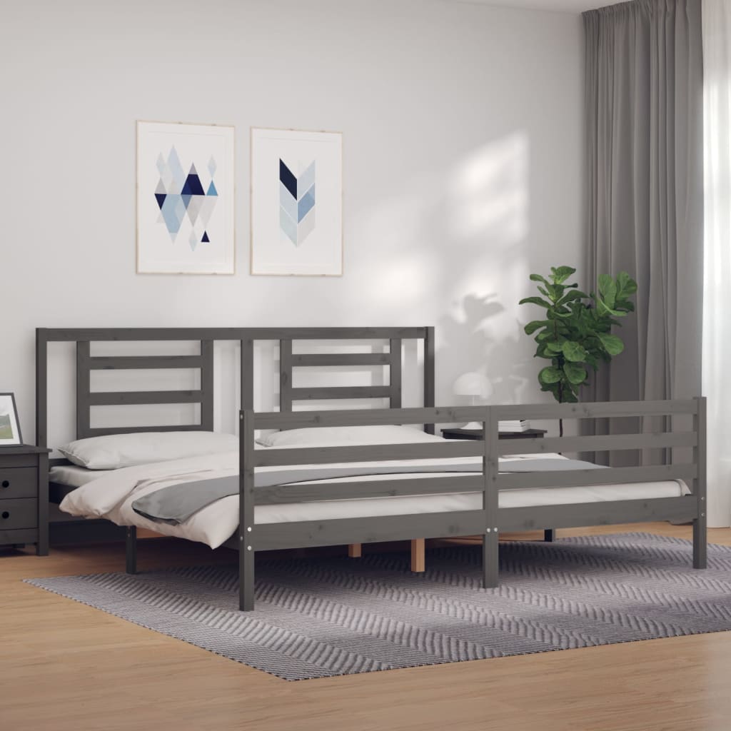 Bedframe met hoofdbord massief hout grijs 200x200 cm is nu te koop bij PeponiXL, paradijselijk wonen!