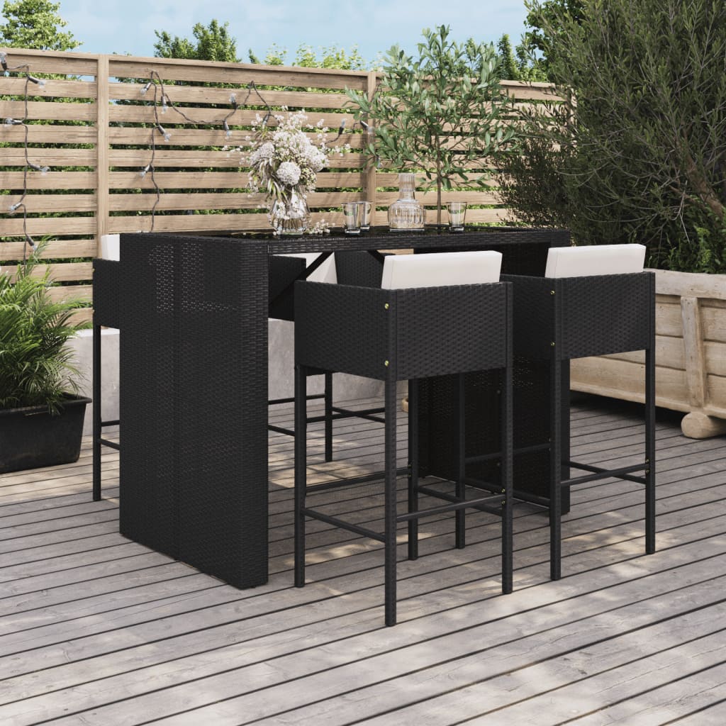 5-delige Tuinbarset met kussens poly rattan zwart