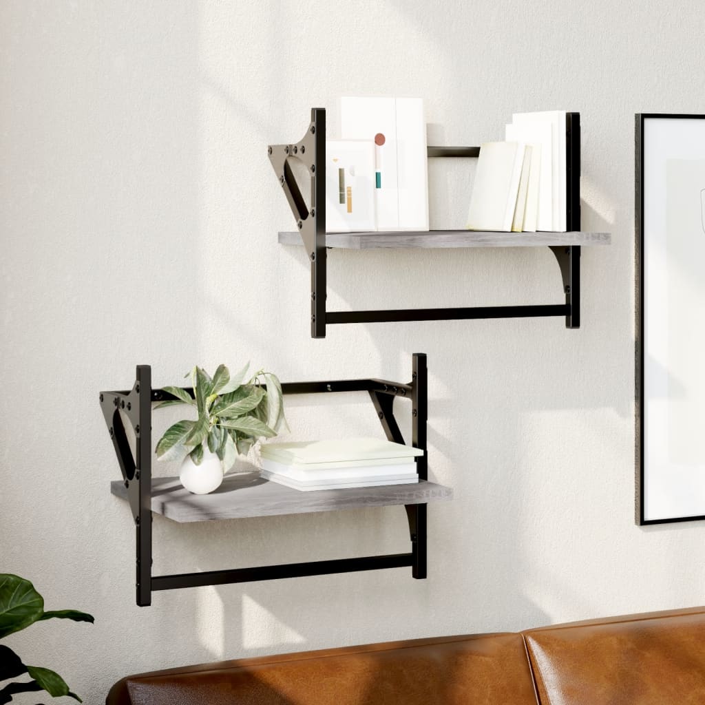 Wandschappen met stangen 2 st 40x25x30 cm grijs sonoma eiken is nu te koop bij PeponiXL, paradijselijk wonen!