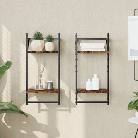 Wandschappen 2-laags met stangen 2 st 30x25x65 cm gerookt eiken is nu te koop bij PeponiXL, paradijselijk wonen!