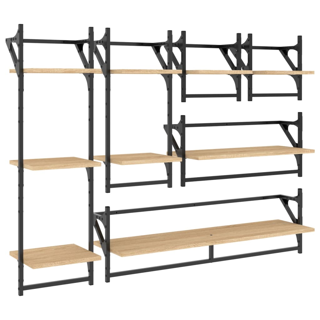6-delige Wandschappenset met stangen bewerkt hout sonoma eiken is nu te koop bij PeponiXL, paradijselijk wonen!
