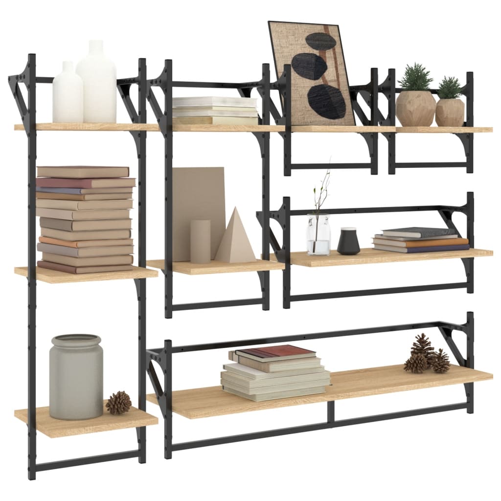 6-delige Wandschappenset met stangen bewerkt hout sonoma eiken is nu te koop bij PeponiXL, paradijselijk wonen!