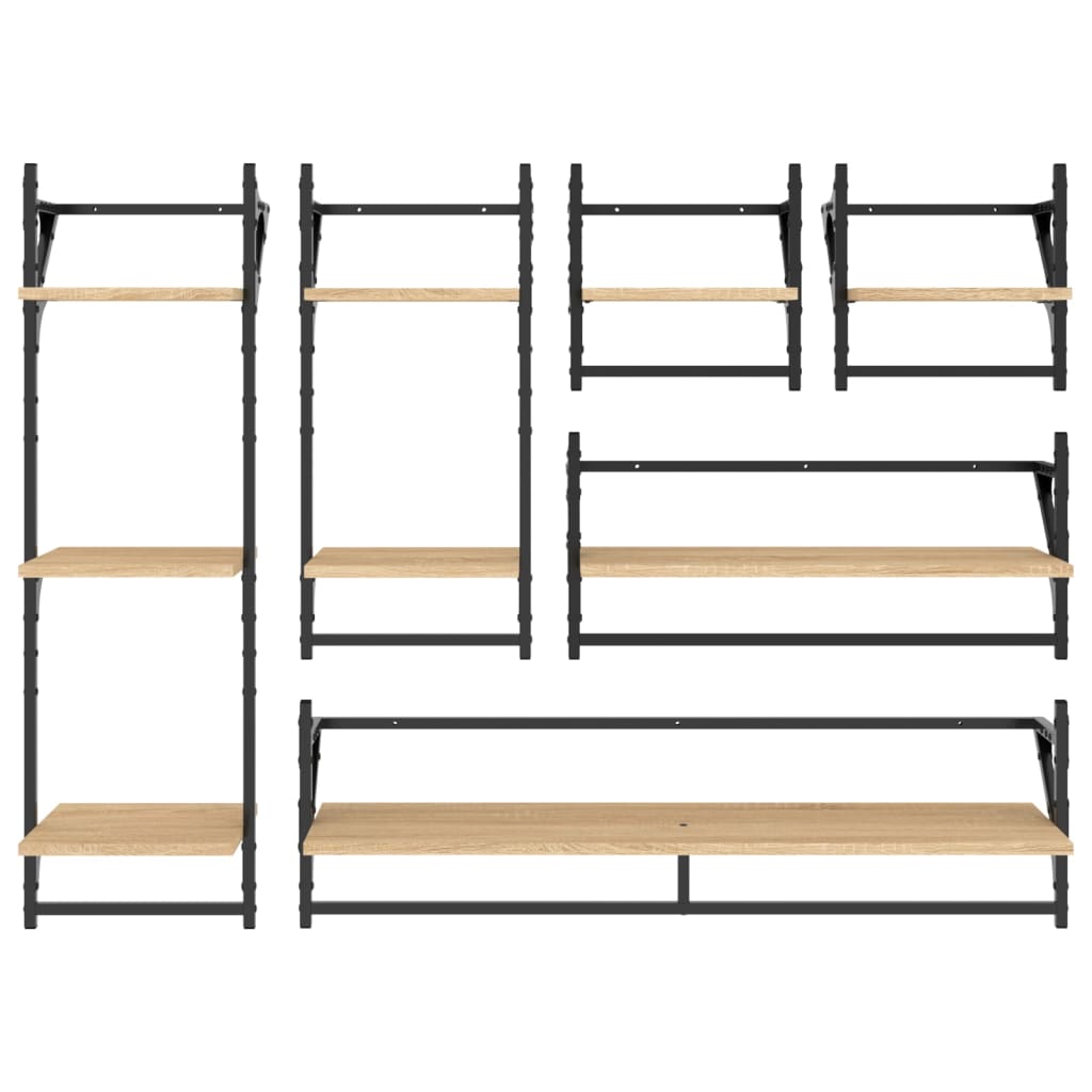 6-delige Wandschappenset met stangen bewerkt hout sonoma eiken is nu te koop bij PeponiXL, paradijselijk wonen!