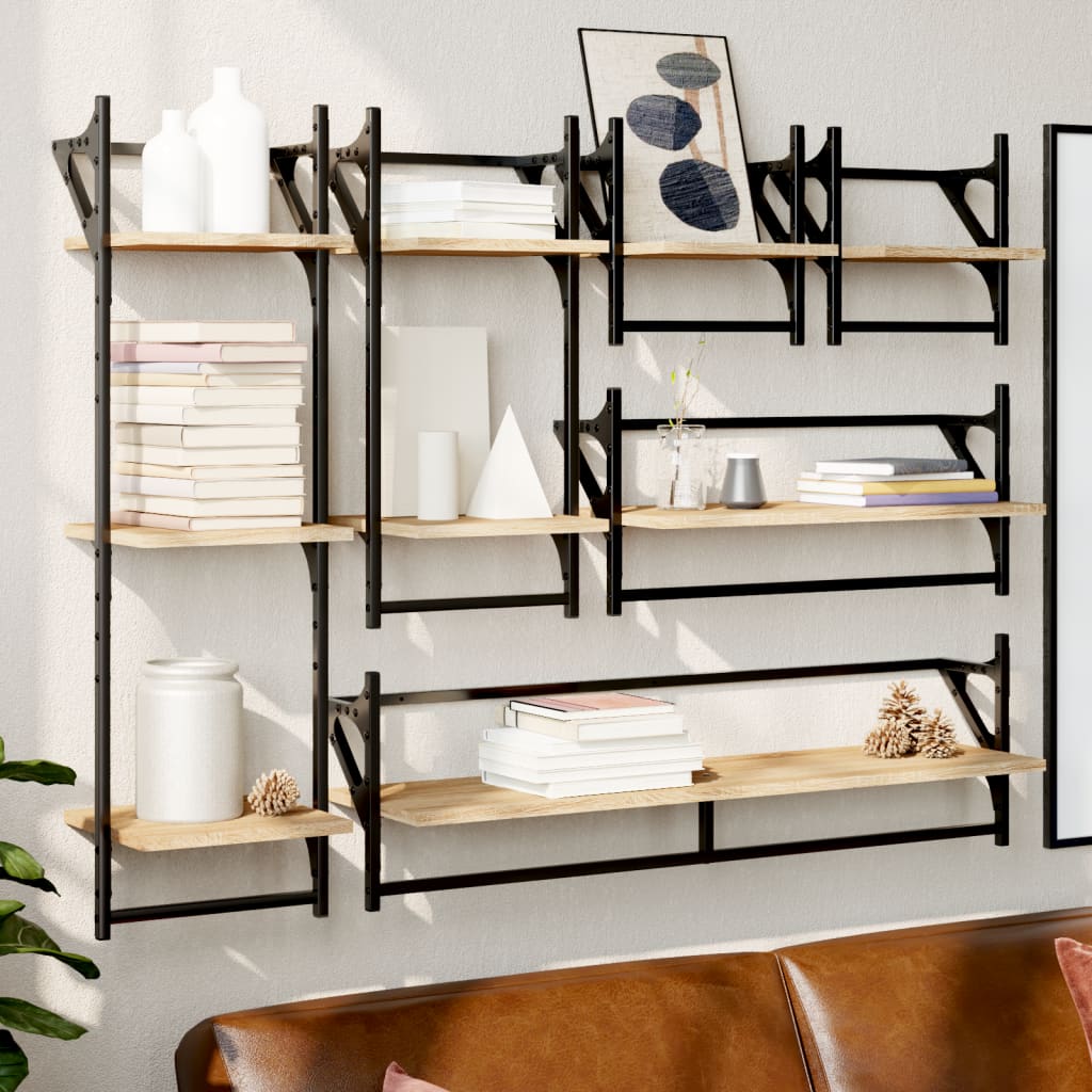 6-delige Wandschappenset met stangen bewerkt hout sonoma eiken is nu te koop bij PeponiXL, paradijselijk wonen!