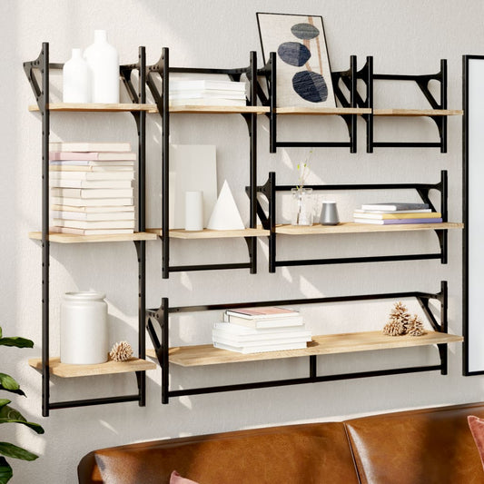 6-delige Wandschappenset met stangen bewerkt hout sonoma eiken is nu te koop bij PeponiXL, paradijselijk wonen!