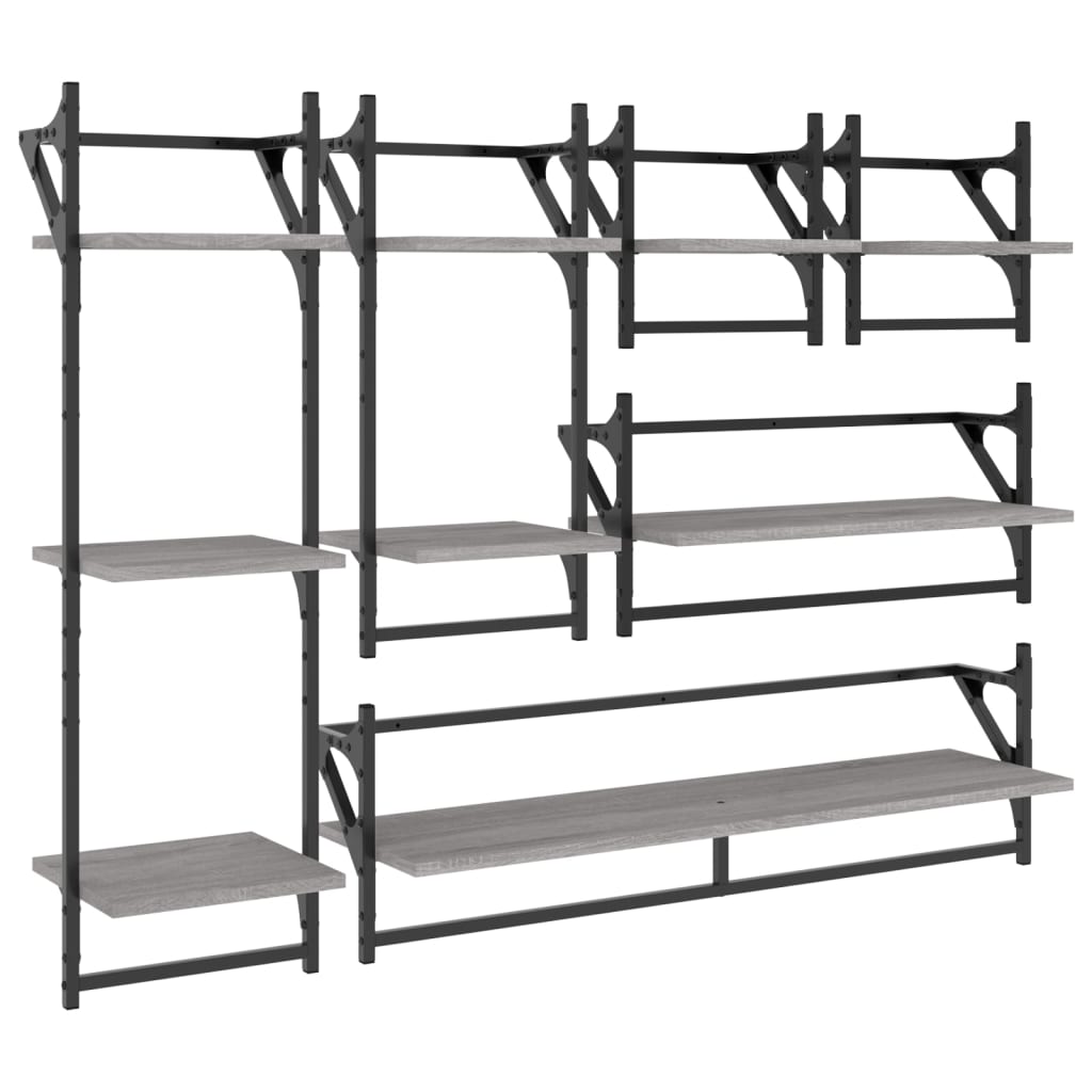 6-delige Wandschappenset met stangen bewerkt hout grijs sonoma is nu te koop bij PeponiXL, paradijselijk wonen!