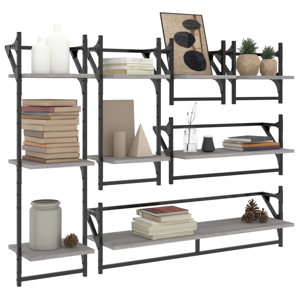 6-delige Wandschappenset met stangen bewerkt hout grijs sonoma is nu te koop bij PeponiXL, paradijselijk wonen!