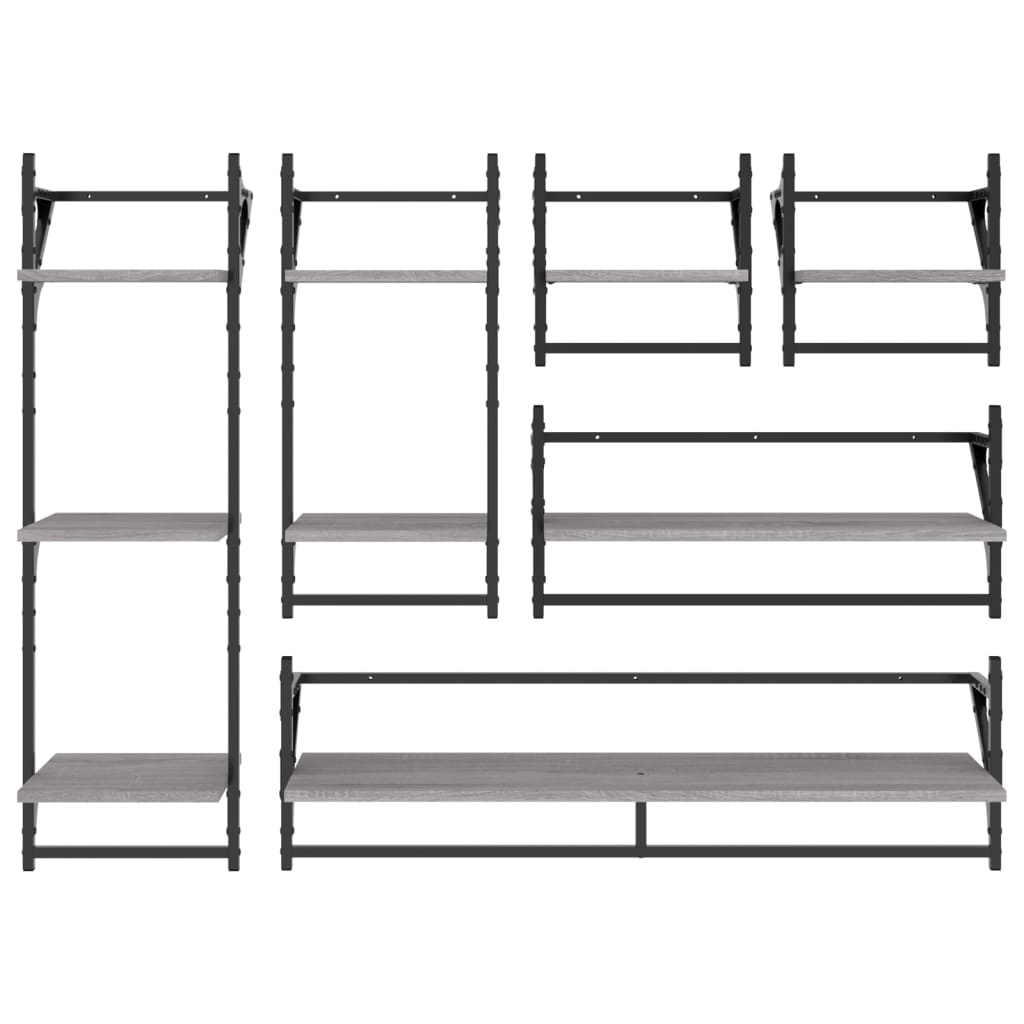 6-delige Wandschappenset met stangen bewerkt hout grijs sonoma is nu te koop bij PeponiXL, paradijselijk wonen!