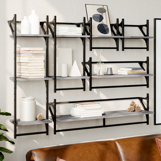 6-delige Wandschappenset met stangen bewerkt hout grijs sonoma is nu te koop bij PeponiXL, paradijselijk wonen!