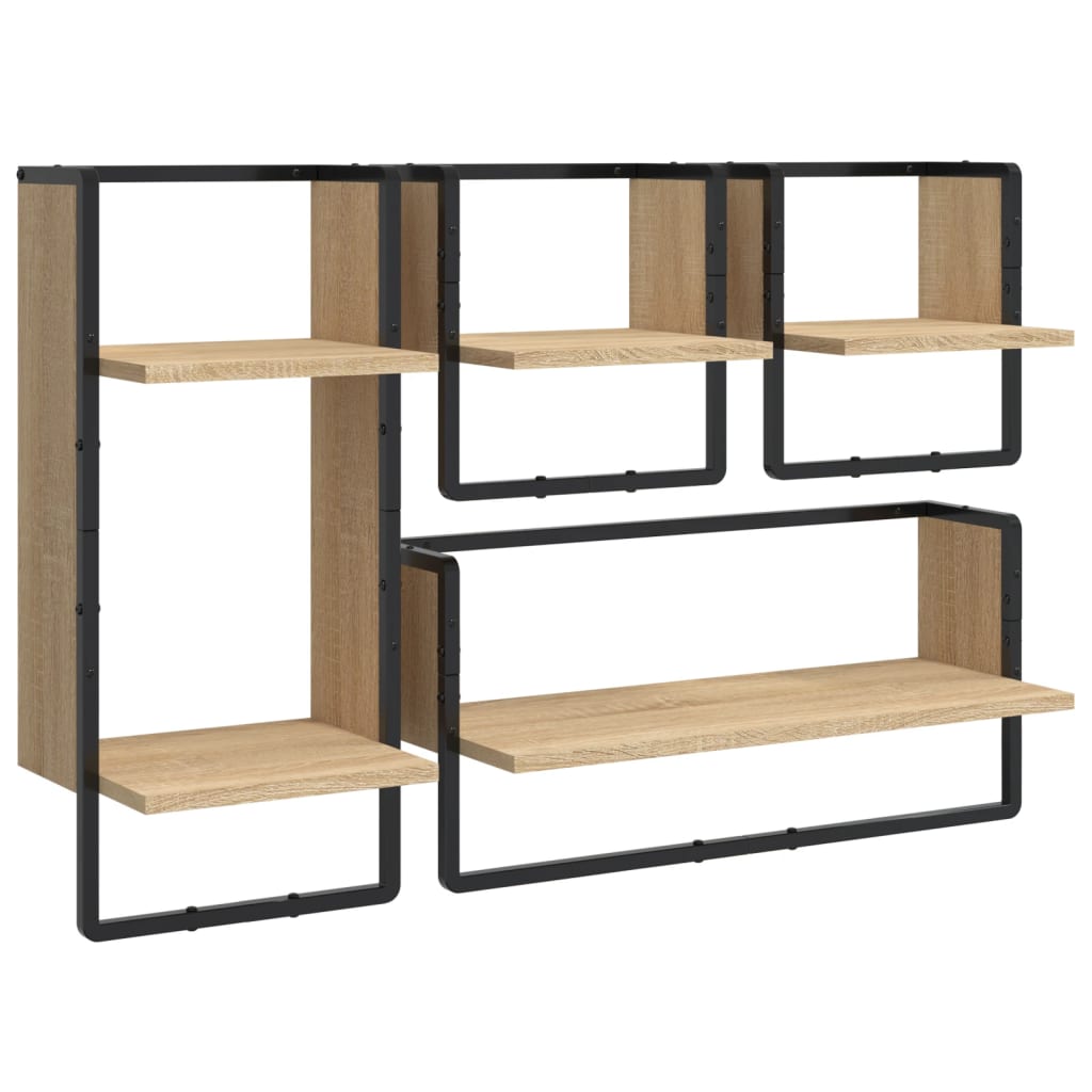 4-delige Wandschappenset met stangen bewerkt hout sonoma eiken is nu te koop bij PeponiXL, paradijselijk wonen!