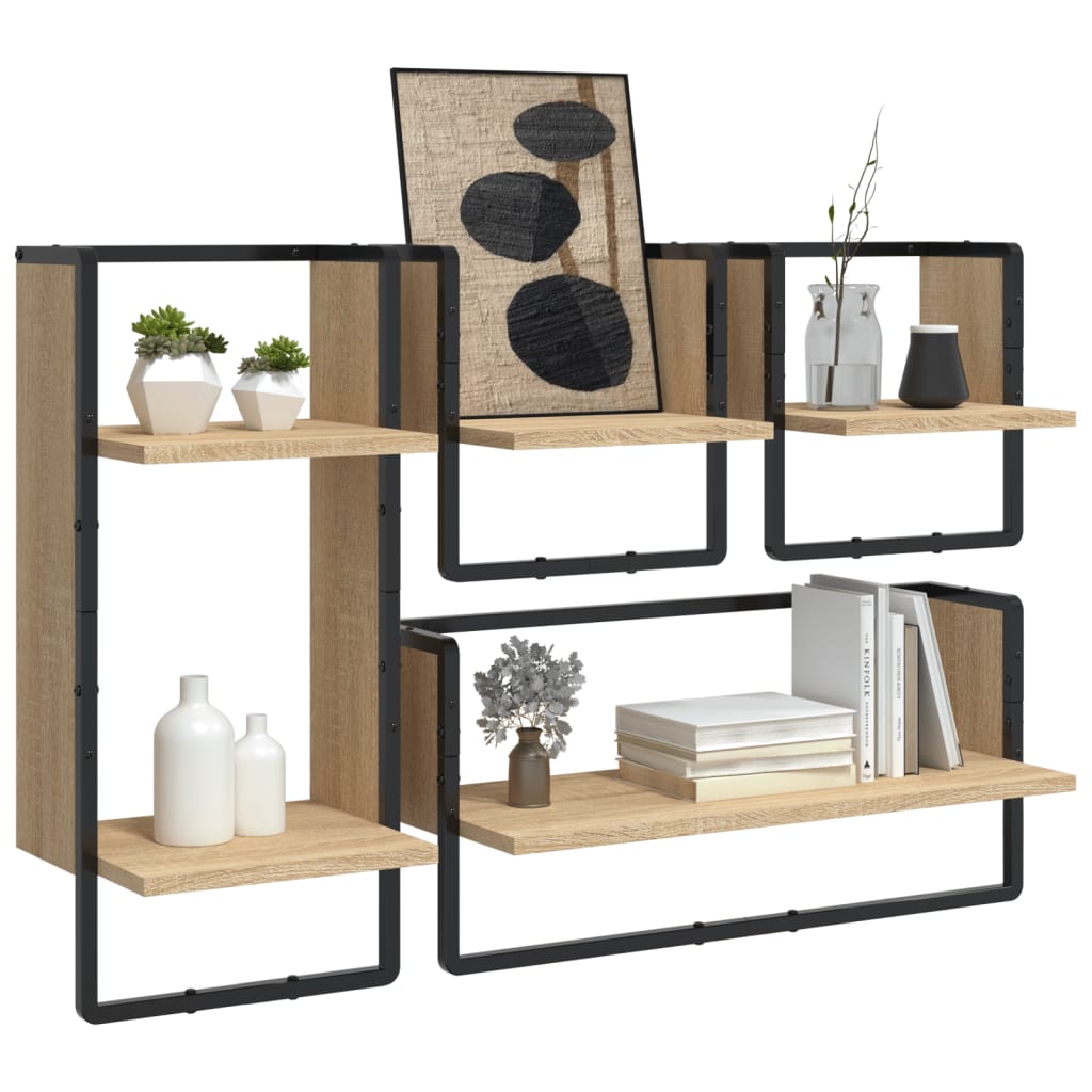 4-delige Wandschappenset met stangen bewerkt hout sonoma eiken is nu te koop bij PeponiXL, paradijselijk wonen!
